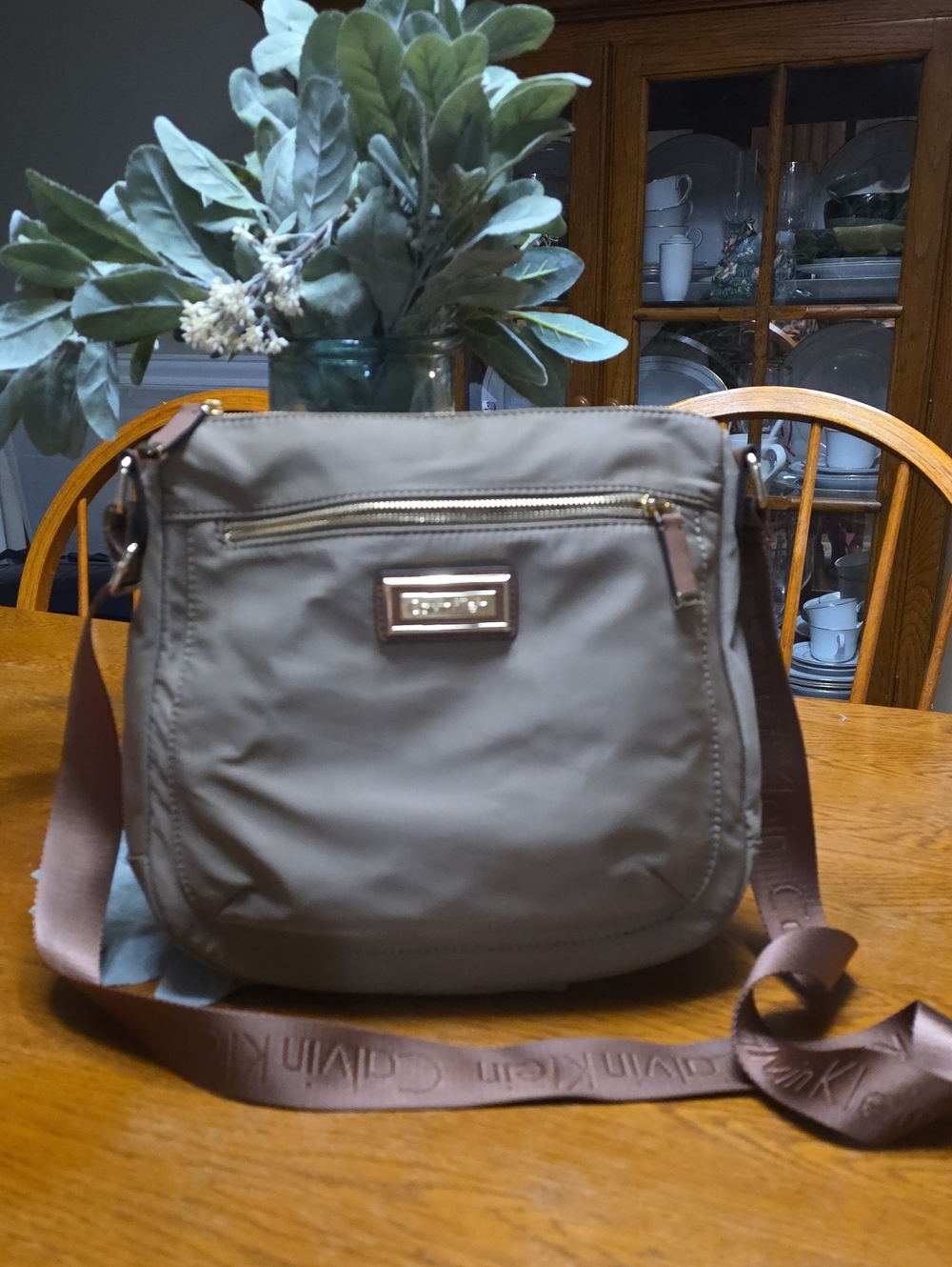 Calvin Klein Taupe Nylon Crossbody with Branded Brown Strap